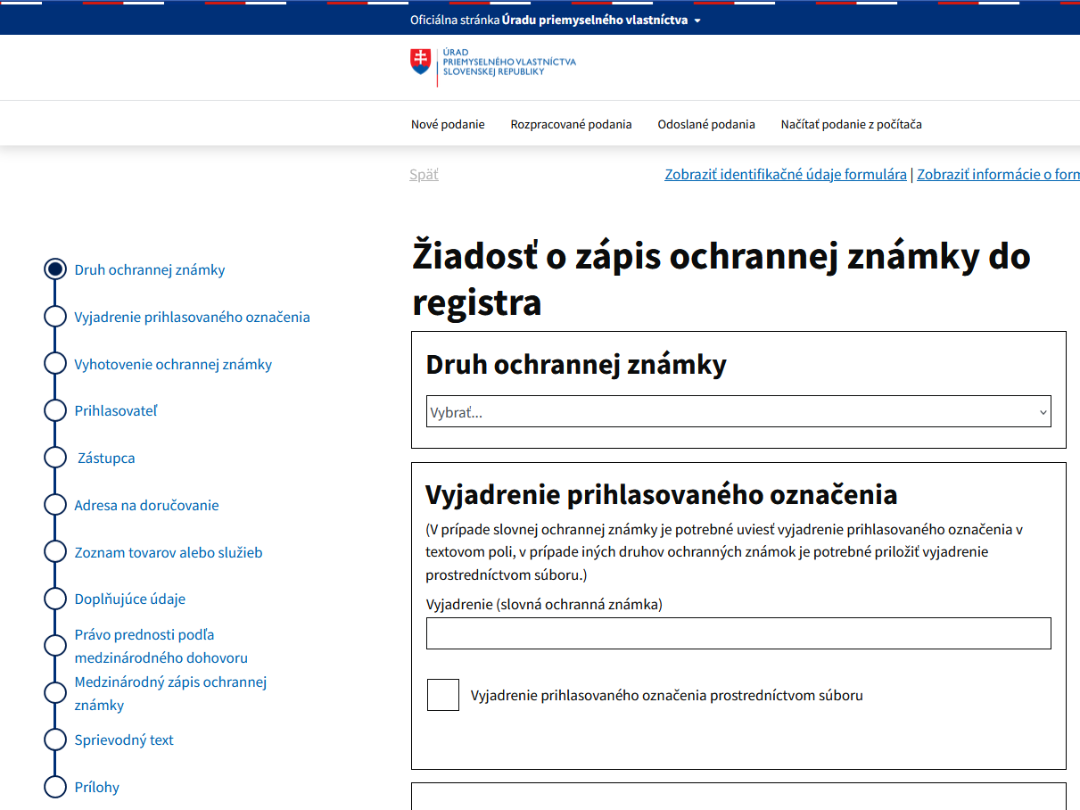 Bočná navigácia na formulári