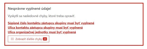 Zhrnutie nevyplnených a nesprávne vyplnených polí